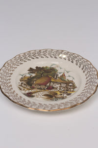 Golden & White Antique Decoration Porcelain Plate with Printed Landscape 9"x9" - GS Productions