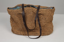 Load image into Gallery viewer, Brown Jute Rope Weaved Tote b\Bag with Blue Silk Lining &amp; Leather Stripes 16&quot; x 20&quot; - GS Productions
