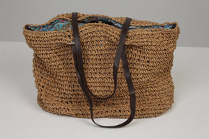 Brown Jute Rope Weaved Tote b\Bag with Blue Silk Lining & Leather Stripes 16" x 20" - GS Productions