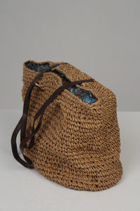 Brown Jute Rope Weaved Tote b\Bag with Blue Silk Lining & Leather Stripes 16" x 20" - GS Productions