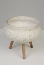 Load image into Gallery viewer, White &amp; Brown Ceramic Textured Planter with Wooden Legs 14&quot; x 14&quot; - GS Productions

