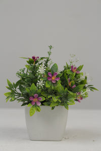 White Planter with Artificial Green, Pink & White Plant 2.5" x 2.5" - GS Productions