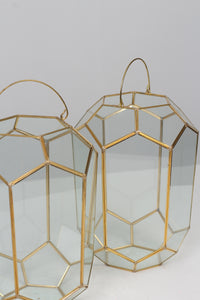 Set of 2 Golden Brass and Glass Lanterns with Handle 10" x 18" - GS Productions
