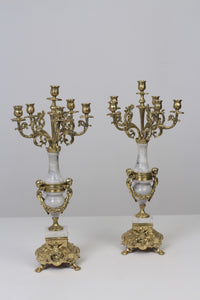 Set of 2 Light Grey Marble & Gold Brass Baroque Candle Stand 9" x 22" - GS Productions