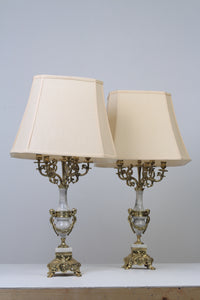 Set of 2 Light Grey Marble & Gold Brass Baroque Candle Stand 9" x 22" - GS Productions