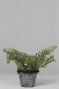 Old Rusted Grungy Silver Planter with Green Artificial Fern/ Plant 5" x 8" - GS Productions