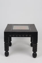 Load image into Gallery viewer, Black Carved Wooden Traditional Table with Orange &amp; Yellow Hand Painted Ceramic Tile Covered with Glass - GS Productions

