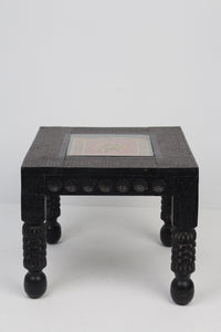 Black Carved Wooden Traditional Table with Orange & Yellow Hand Painted Ceramic Tile Covered with Glass - GS Productions