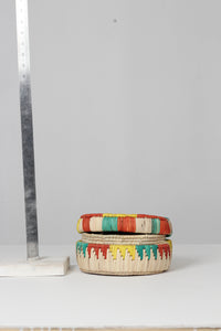 Beige , red ,yellow & sea green /multi coloured artisan barn bread basket with lid 04" - GS Productions