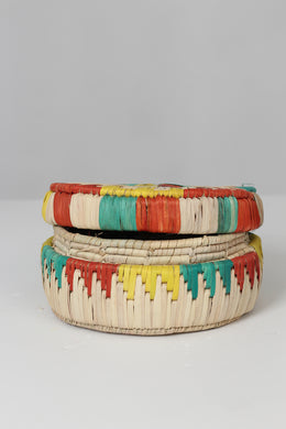 Beige , red ,yellow & sea green /multi coloured artisan barn bread basket with lid 04