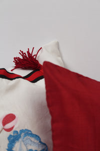 Set of 6 Soft Cushions in White & Red with Embroidery,Teasels + Tape Details - GS Productions