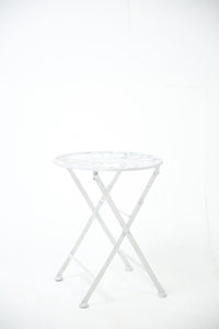 white painted metal carved corner table/ side table/ lawn table.  H,1.7 w,1.4 - GS Productions