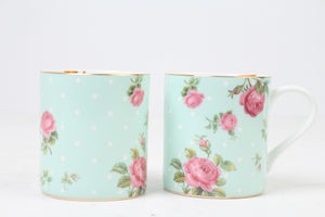 Light Blue & Pink fine Bone China English Floral Printed Tea Mugs with Gold Lining 4" x 5" - GS Productions