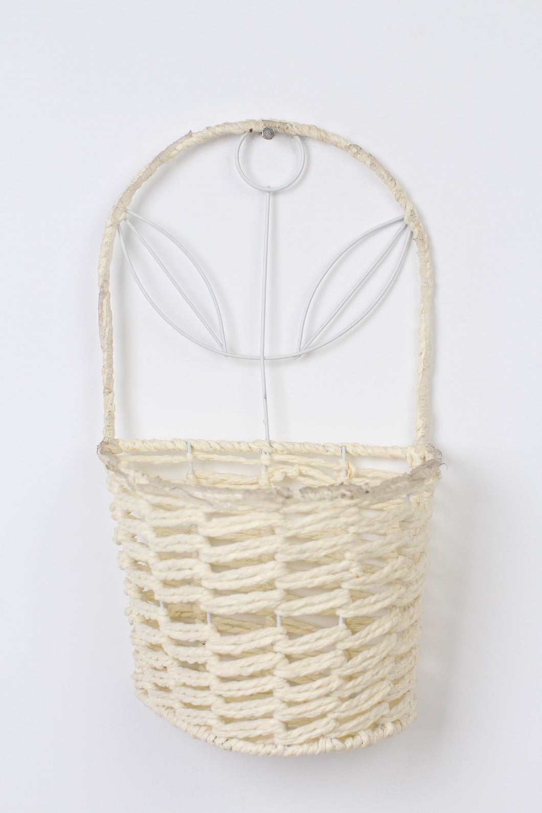 Set of 2 White & Off-White Metal Wall Hanging Weaved Basket 6