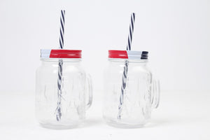 Set of 2 White, Red & Blue Transparent Glass Juice Jars with Lid n Straw 4" x 5" - GS Productions