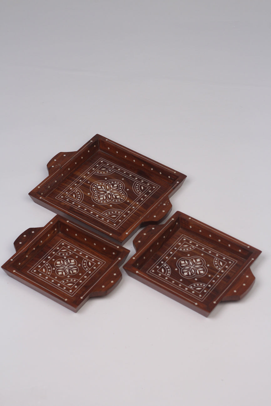 Set of 3 Brown & White Wooden Traditional Trays With Inlay Design - GS Productions