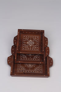 Set of 3 Brown & White Wooden Traditional Trays With Inlay Design - GS Productions