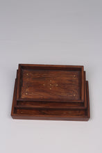 Load image into Gallery viewer, Set of 3 Brown &amp; gold  wooden traditional  Trays with intricate inlay design - GS Productions
