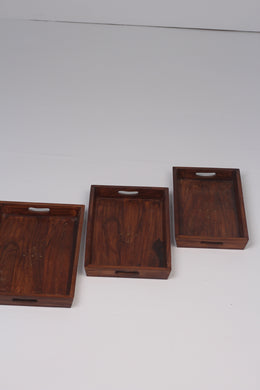 Set of 3 Brown & gold  wooden traditional  Trays with intricate inlay design - GS Productions