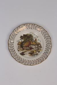 Golden & White Antique Decoration Porcelain Plate with Printed Landscape 9"x9" - GS Productions