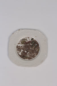 White & Brown old ceramic landscape Plate 7"x7" - GS Productions