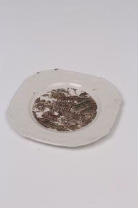 White & Brown old ceramic landscape Plate 7"x7" - GS Productions