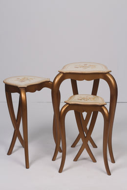 Set of 3 Golden & off White hand painted floral tables - GS Productions