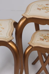 Set of 3 Golden & off White hand painted floral tables - GS Productions