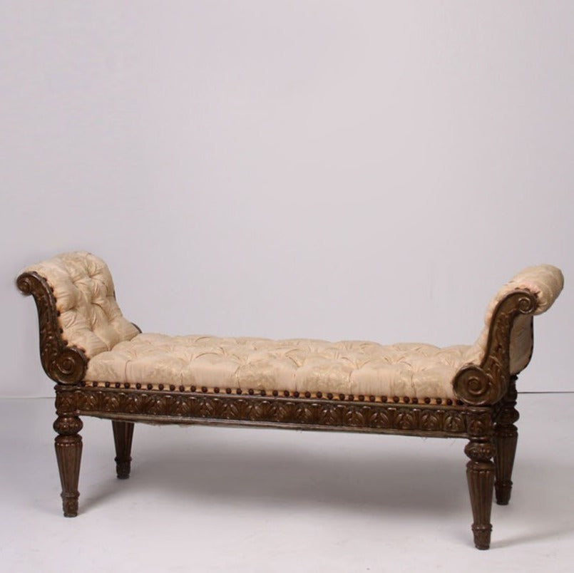 Dull green & Off-white carved & quilted settee 5'x 2.5'ft - GS Productions