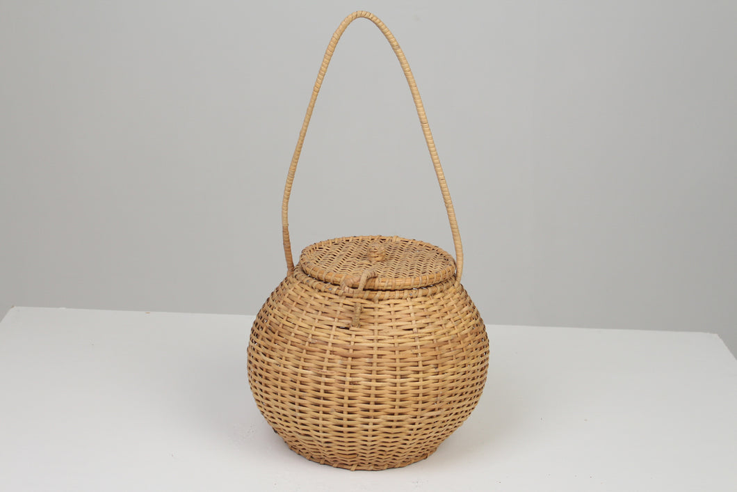 Brown Cane Bell Jar Basket with Lid & Handle 12
