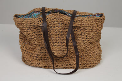 Brown Jute Rope Weaved Tote b\Bag with Blue Silk Lining & Leather Stripes 16
