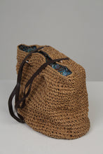 Load image into Gallery viewer, Brown Jute Rope Weaved Tote b\Bag with Blue Silk Lining &amp; Leather Stripes 16&quot; x 20&quot; - GS Productions
