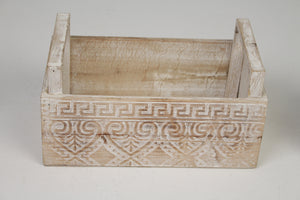 Set of 3 White & Brown Carved Wooden Planters/Decorative Boxes with Handles 6" x 11" - GS Productions