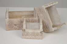 Load image into Gallery viewer, Set of 3 White &amp; Brown Carved Wooden Planters/Decorative Boxes with Handles 6&quot; x 11&quot; - GS Productions
