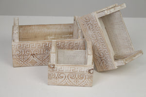 Set of 3 White & Brown Carved Wooden Planters/Decorative Boxes with Handles 6" x 11" - GS Productions