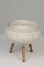 Load image into Gallery viewer, White &amp; Brown Ceramic Textured Planter with Wooden Legs 14&quot; x 14&quot; - GS Productions
