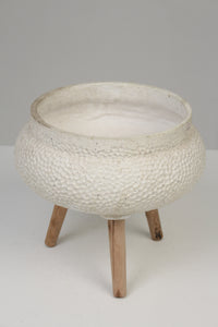 White & Brown Ceramic Textured Planter with Wooden Legs 14" x 14" - GS Productions