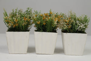 Set of 3 White Planters with Artificial Green, Yellow & White Plant 2.5" x 2.5" - GS Productions