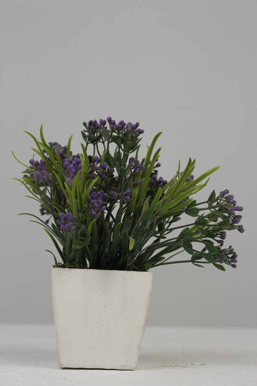 White Planter with Artificial Green & Purple Plant 2.5