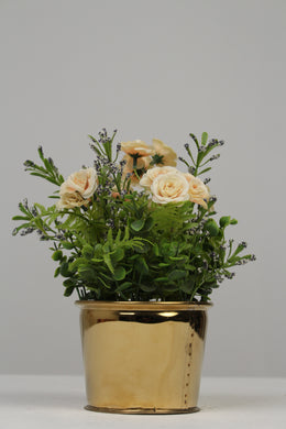 Gold Chrome Planter with Artificial Green & Light Peach Floral Plant 4