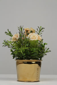 Gold Chrome Planter with Artificial Green & Light Peach Floral Plant 4" x 4" - GS Productions