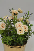 Load image into Gallery viewer, Gold Chrome Planter with Artificial Green &amp; Light Peach Floral Plant 4&quot; x 4&quot; - GS Productions
