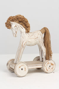 White & Brown Wooden Vintage Wheel Horse with Jute Rope Detailing/Decoration Piece - GS Productions