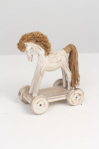 White & Brown Wooden Vintage Wheel Horse with Jute Rope Detailing/Decoration Piece - GS Productions