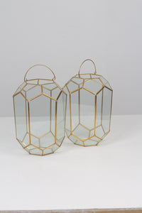Set of 2 Golden Brass and Glass Lanterns with Handle 10" x 18" - GS Productions
