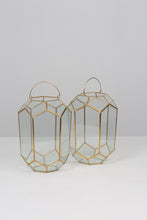 Load image into Gallery viewer, Set of 2 Golden Brass and Glass Lanterns with Handle 10&quot; x 18&quot; - GS Productions
