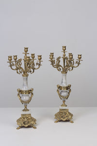 Set of 2 Light Grey Marble & Gold Brass Baroque Candle Stand 9" x 22" - GS Productions
