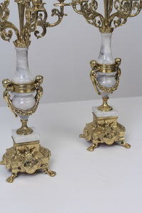 Set of 2 Light Grey Marble & Gold Brass Baroque Candle Stand 9" x 22" - GS Productions