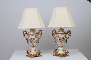 Set of 2 Off white, Golden & Multi Coloured Floral Classic Baroque Table Lamps 10" x 22" - GS Productions