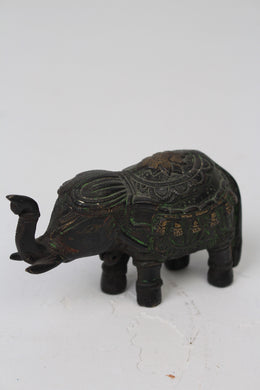 Dark Antique Brown & Green Hand Crafted Decorative Elephant in Metal - GS Productions